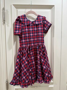 Girls Red & Navy Check Dress with Peter Pan Collar
